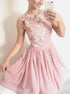 A Line Scoop Appliques Short Pink Lace Chiffon Prom Dresses LBQH0151